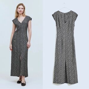 Madewell • Cap-Sleeve V-Neck Midi Dress in Floral Cupro-Blend black white 90s